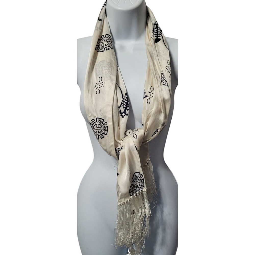 White & Navy Patterned Satin Scarf With Fringe Detailing